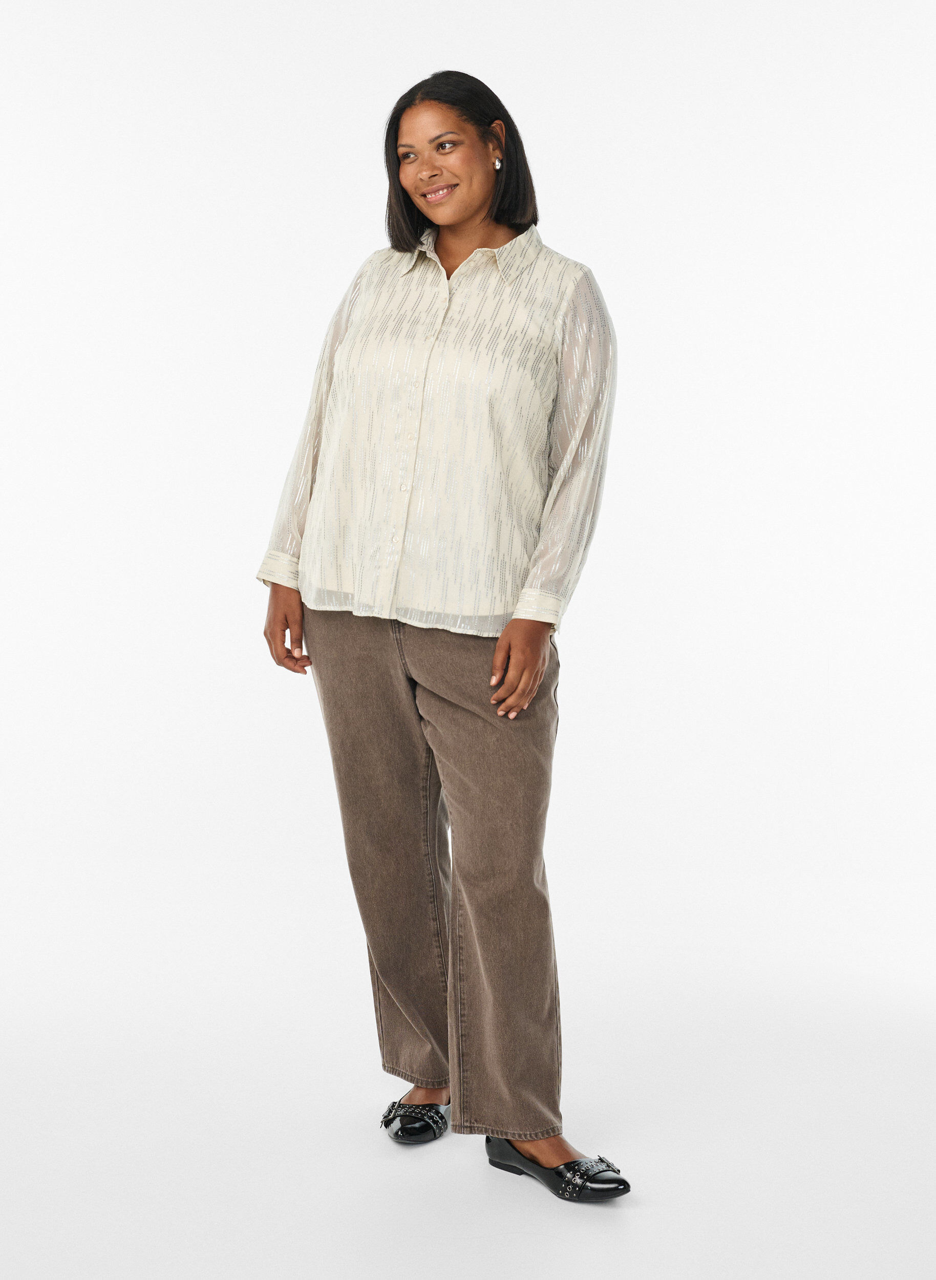 Zizzi Shirt met glinsterend patroon, Vanille, Model image number 1