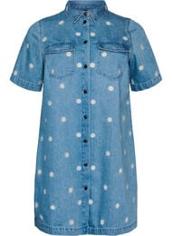 Korte denim jurk met geborduurde bloemen, Blauw