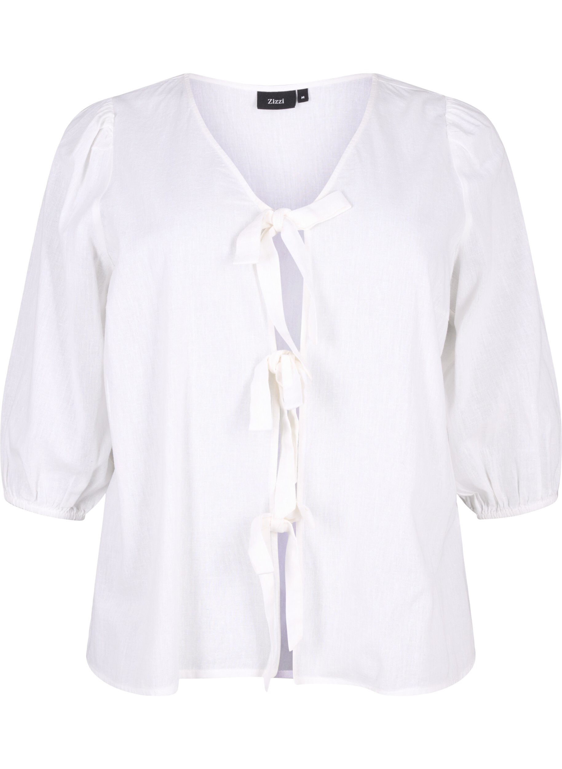 Zizzi Katoenen blouse met 3/4 mouwen in een katoenmix met linnen, Bright White, Packshot image number 0