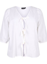 Katoenen blouse met 3/4 mouwen in een katoenmix met linnen, Bright White