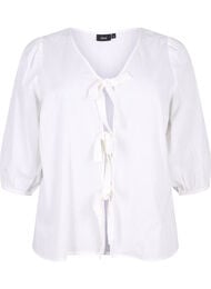 Katoenen blouse met 3/4 mouwen in een katoenmix met linnen, Bright White, Packshot