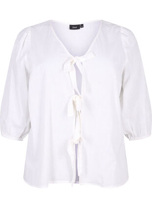 Katoenen blouse met 3/4 mouwen in een katoenmix met linnen, Bright White, Packshot image number 0