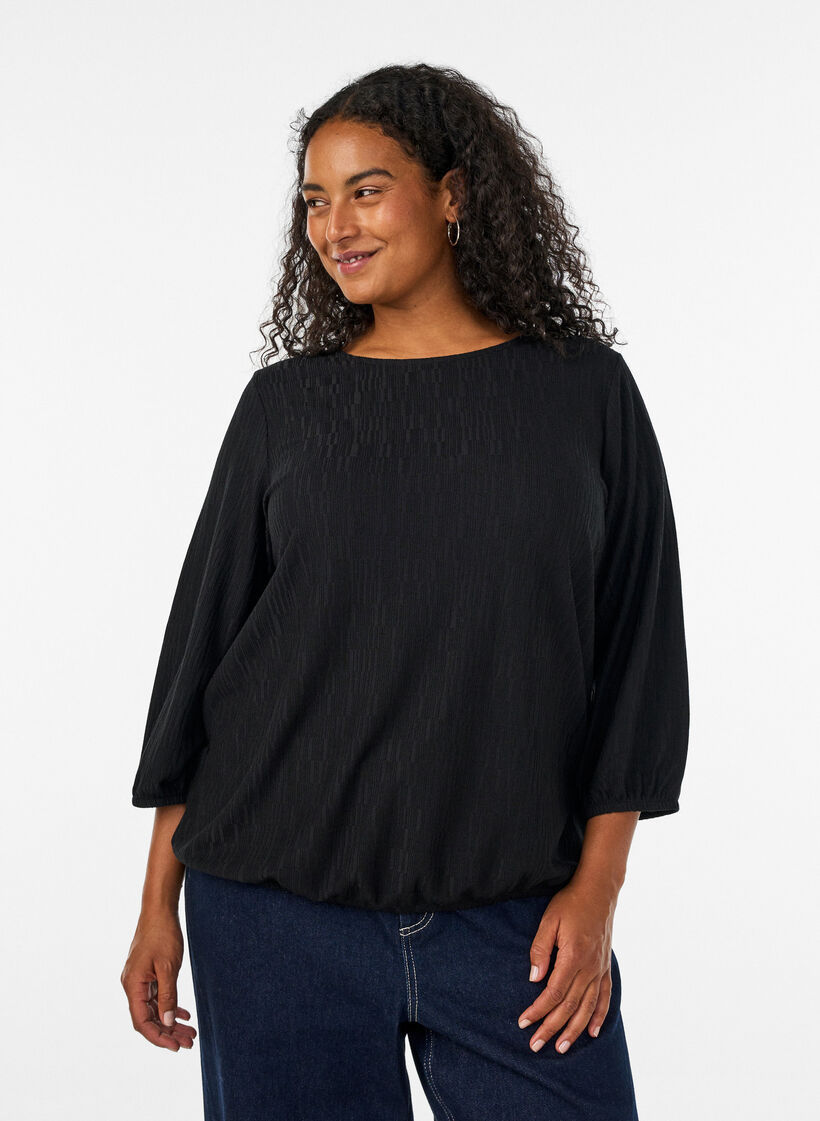 Blouse met textuur en 3/4 mouwen, Zwart, Model image number 0
