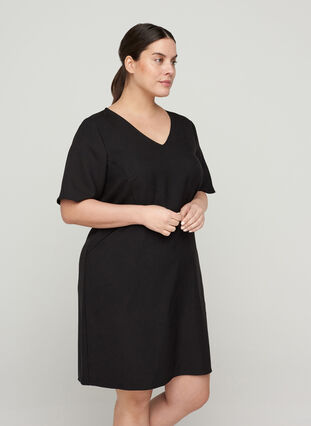 Effen etui-jurk met v-hals, Black, Model image number 0