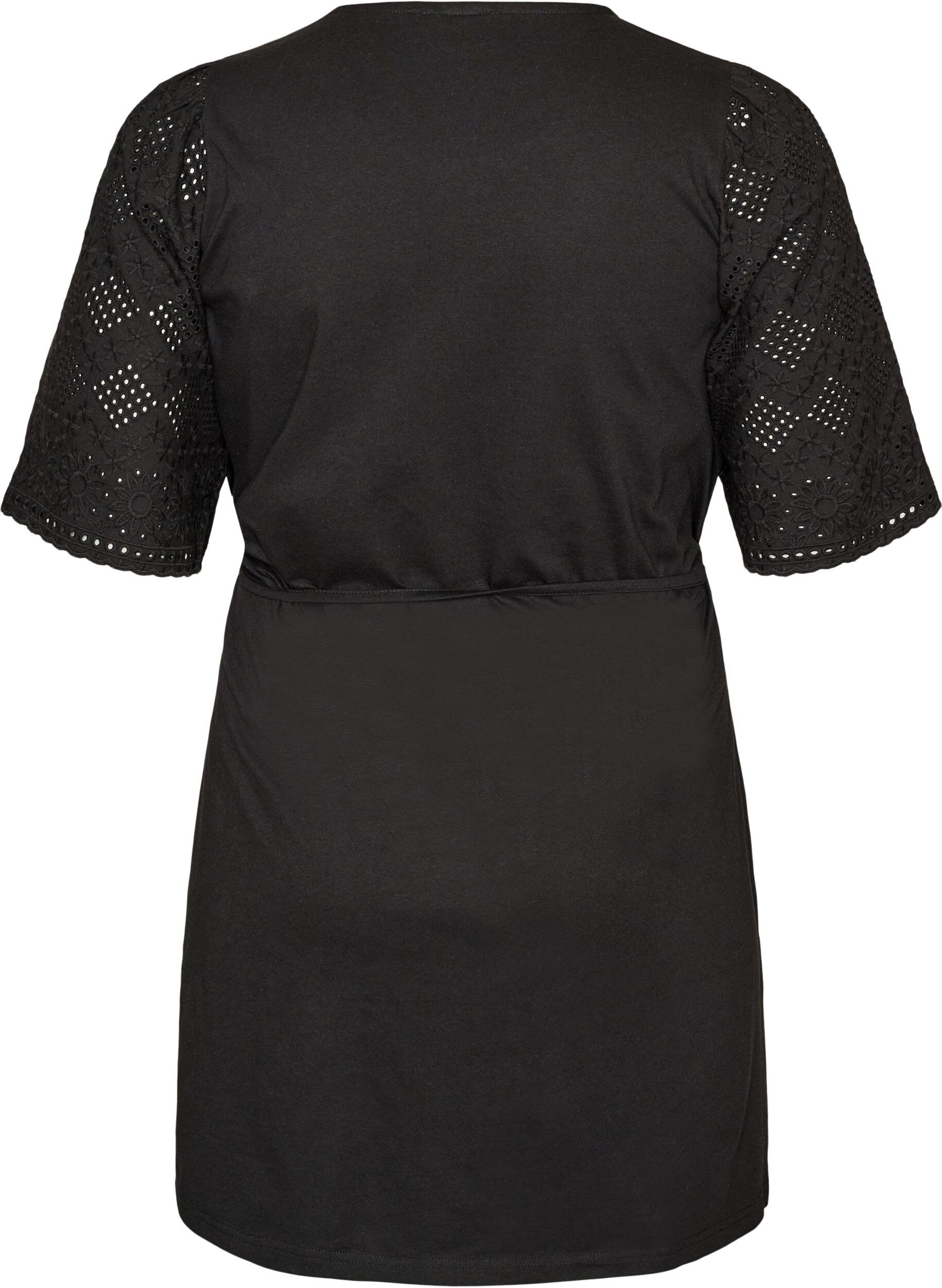 ZizziKatoenen jurk met broderie anglaise mouwen en een strik in de taille, Zwart, Packshot image number 1
