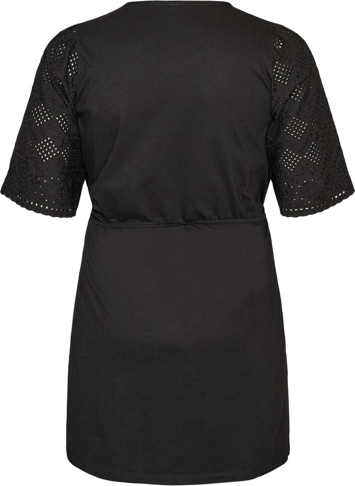 Katoenen jurk met broderie anglaise mouwen en een strik in de taille, Zwart, Packshot image number 1