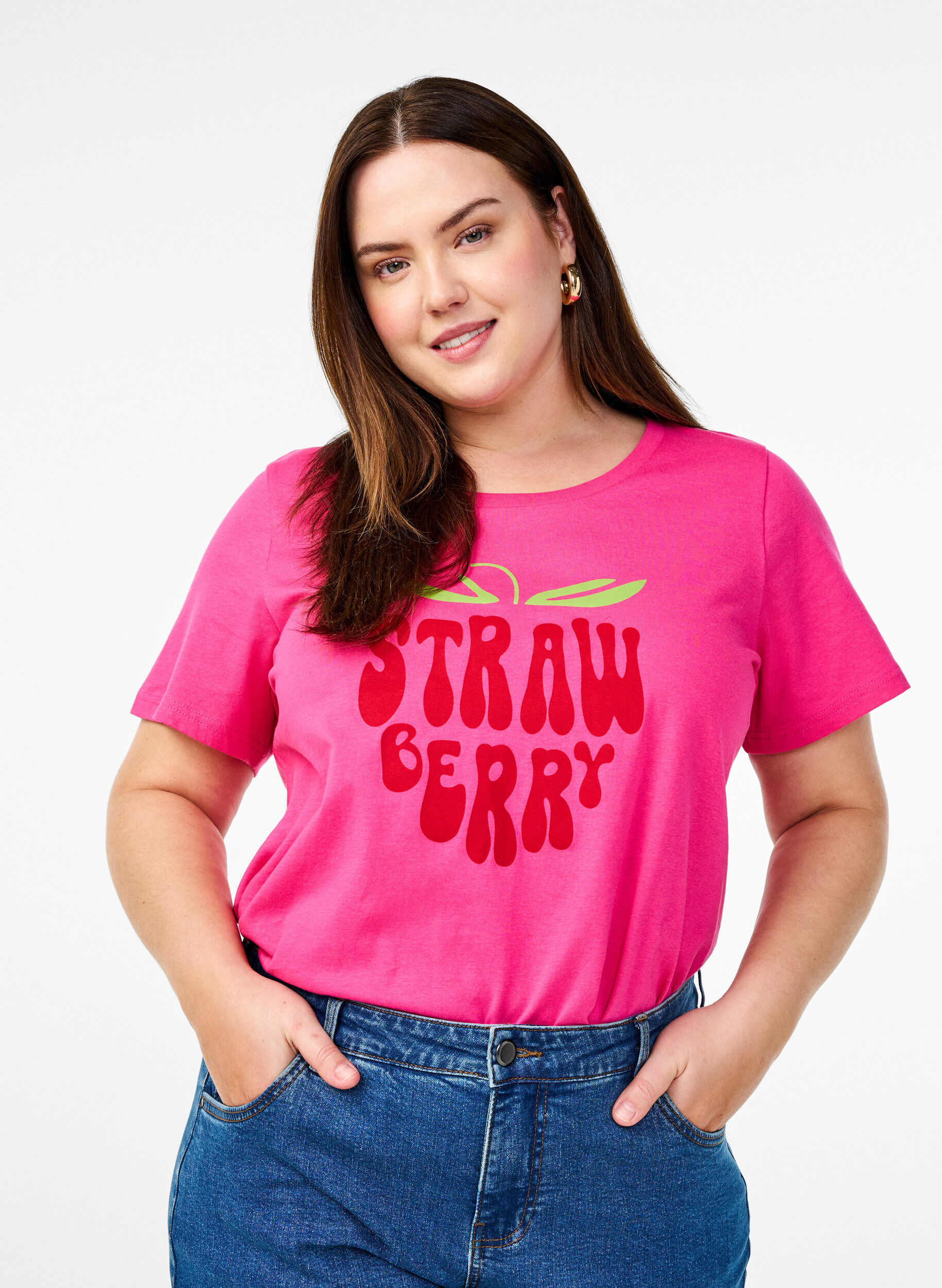 Zizzi Katoenen T-shirt met motief, Raspb. w. Strawberry, Model image number 0