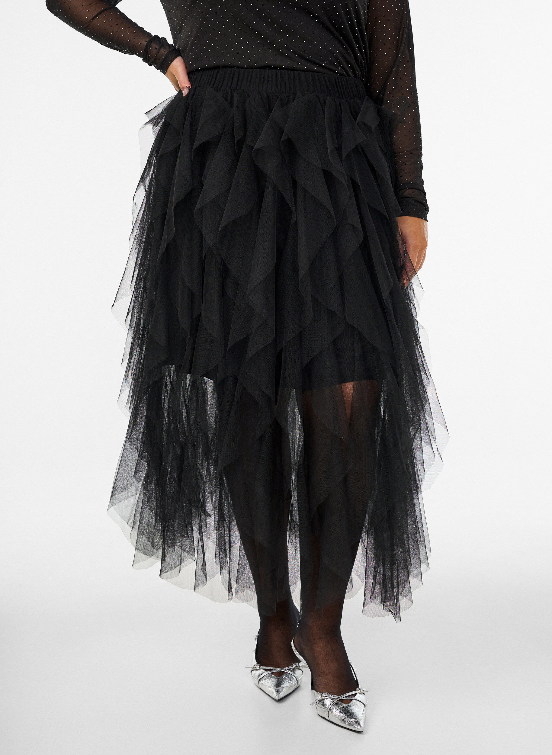 ZizziMidirok van tule met elastische tailleband, Zwart, Model image number 2