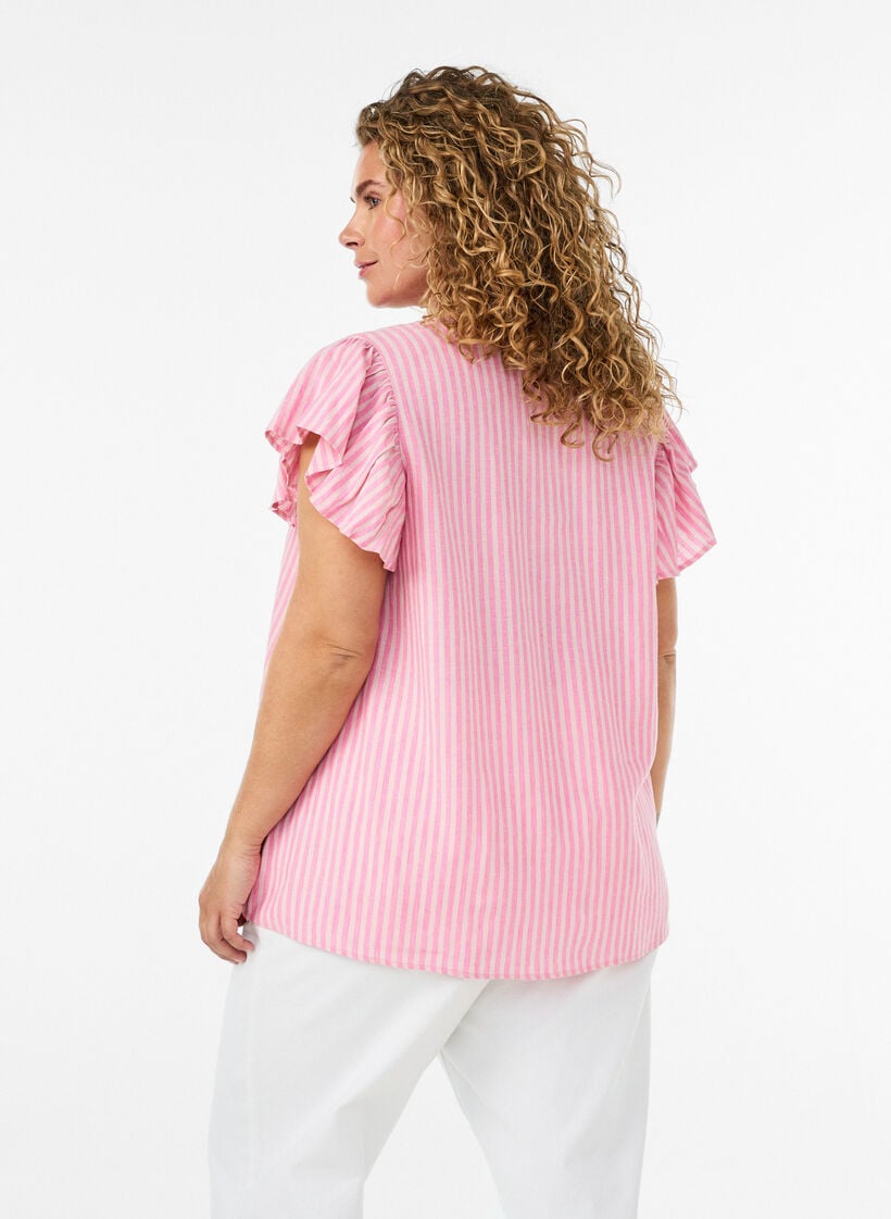 Viscose en linnen blouse met ruches aan de mouwen, Roze, Model image number 2