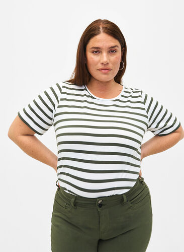 Gestreept T-shirt van biologisch katoen, Thyme Stripe, Model image number 0