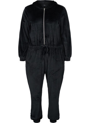 Velours jumpsuit met capuchon en striksluiting, Black, Packshot image number 0