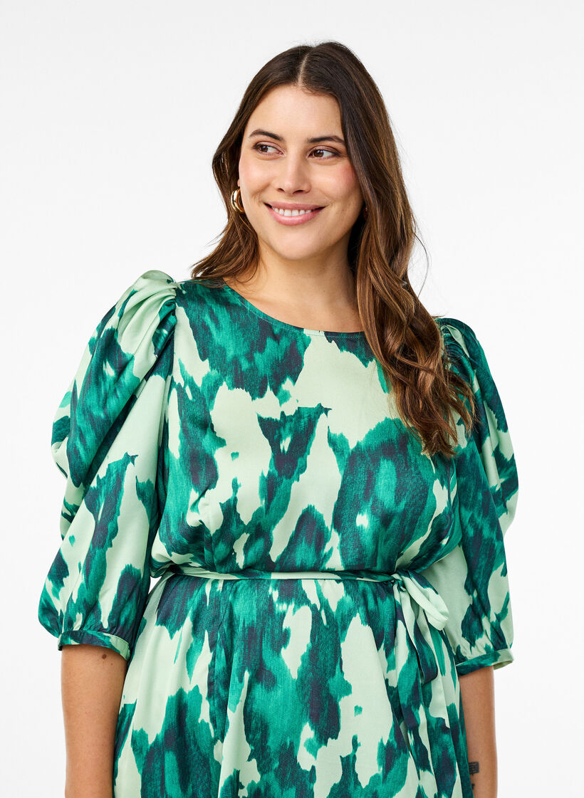 Feestjurk met korte mouwen en strikceintuur, Groen, Model image number 2