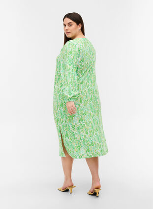 Midi-jurk van viscose met print en lange mouwen, Green Paisley AOP, Model image number 1
