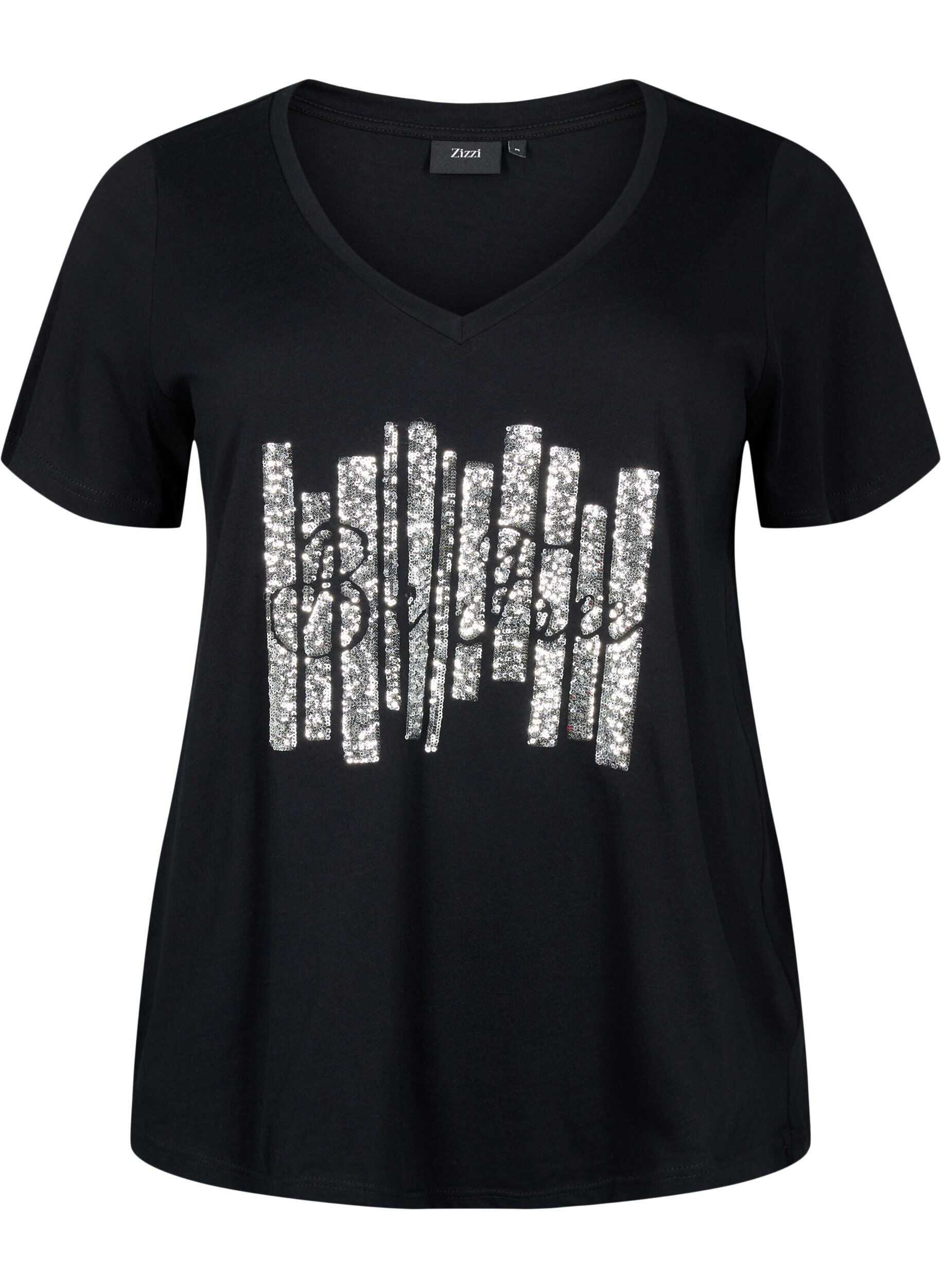 Zizzi Katoenen T-shirt met pailletten, Black W. Be free, Packshot image number 0