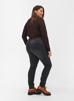 Amy jeans met hoge taille en klinknagels in de zijkant, Dark Grey Denim, Model image number 1