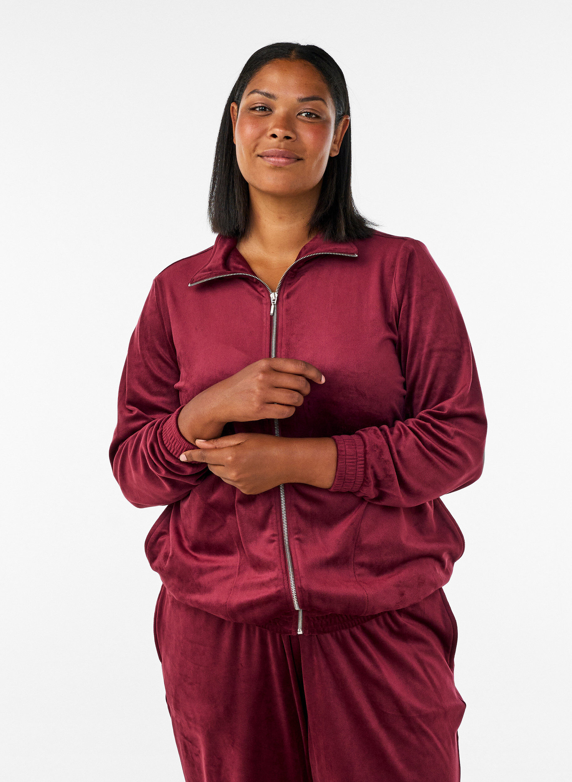 ZizziZachte velours cardigan met rits en hoge kraag, Rood, Model image number 0