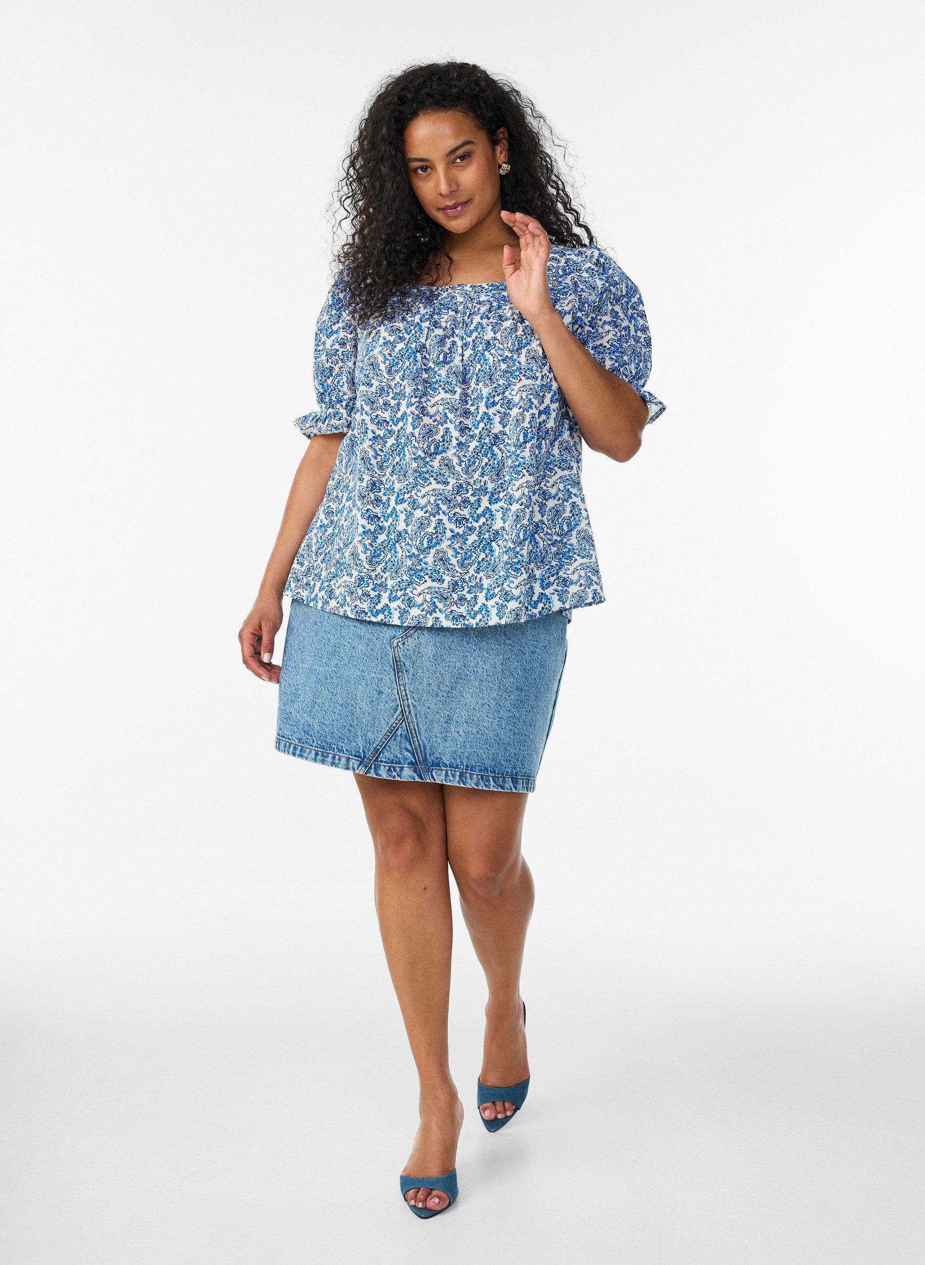 ZizziKatoenen blouse met vierkante halslijn, Blauw, Model image number 1