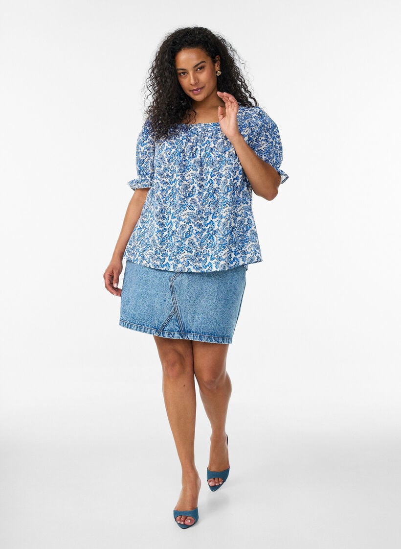 Katoenen blouse met vierkante halslijn, Blauw, Model image number 1