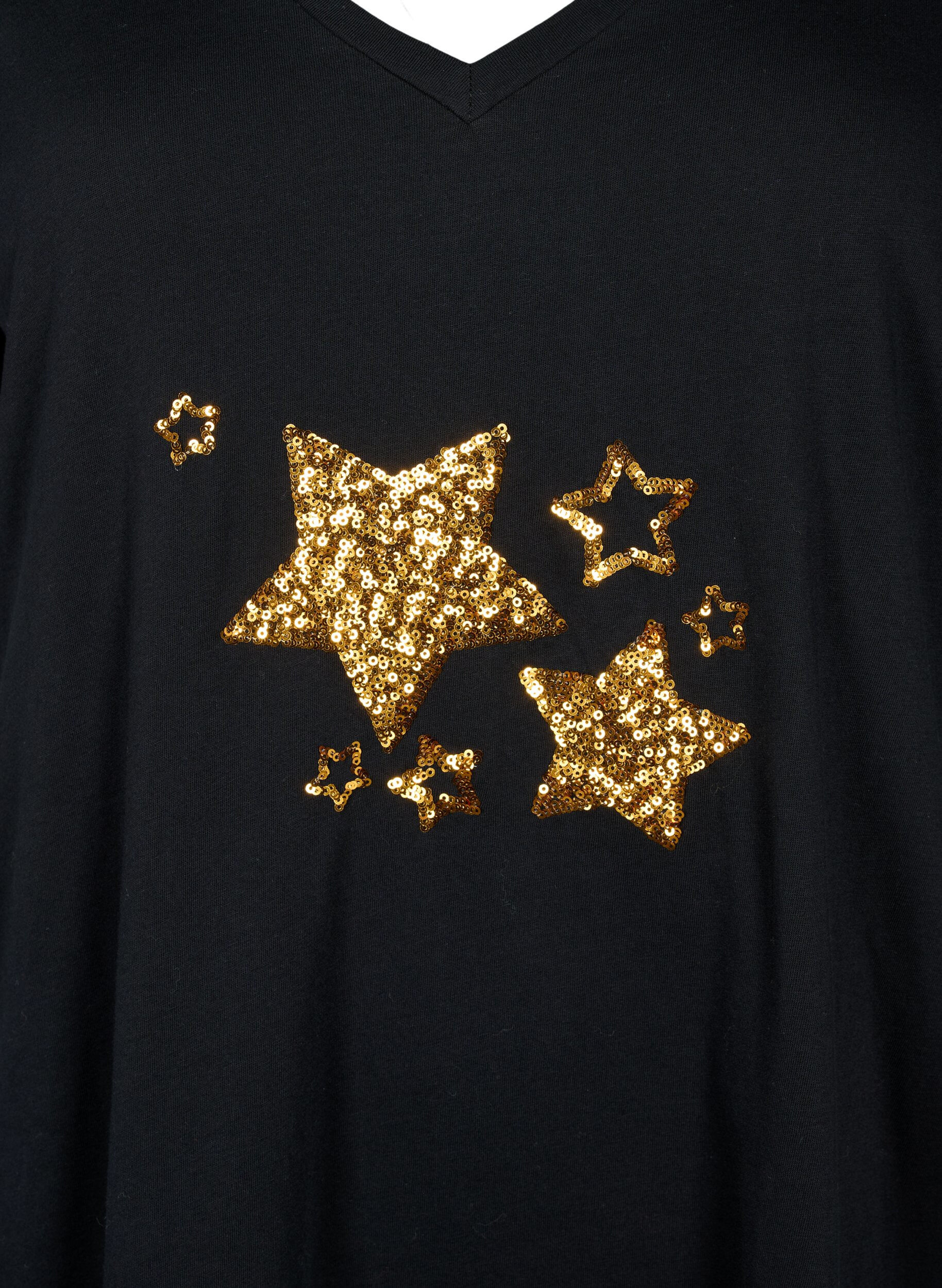 Zizzi Katoenen T-shirt met pailletten, Black W. Star, Packshot image number 2