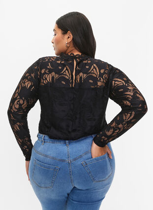 Kanten blouse met lange mouwen, Black, Model image number 1