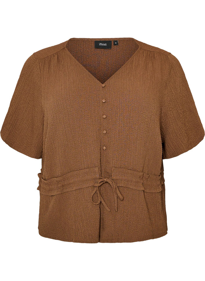 Blouse met textuur en een strik in de taille, Bruin, Packshot image number 0