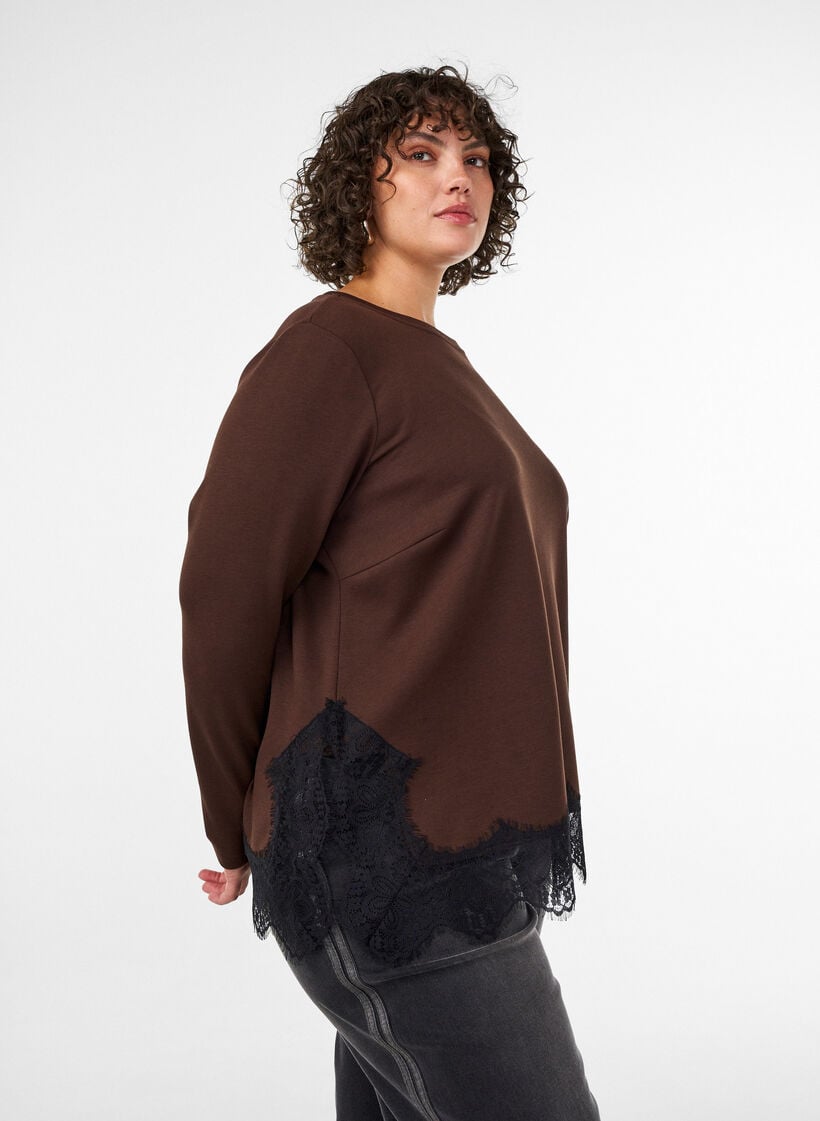 Jersey blouse met kanten rand, Bruin, Model image number 3