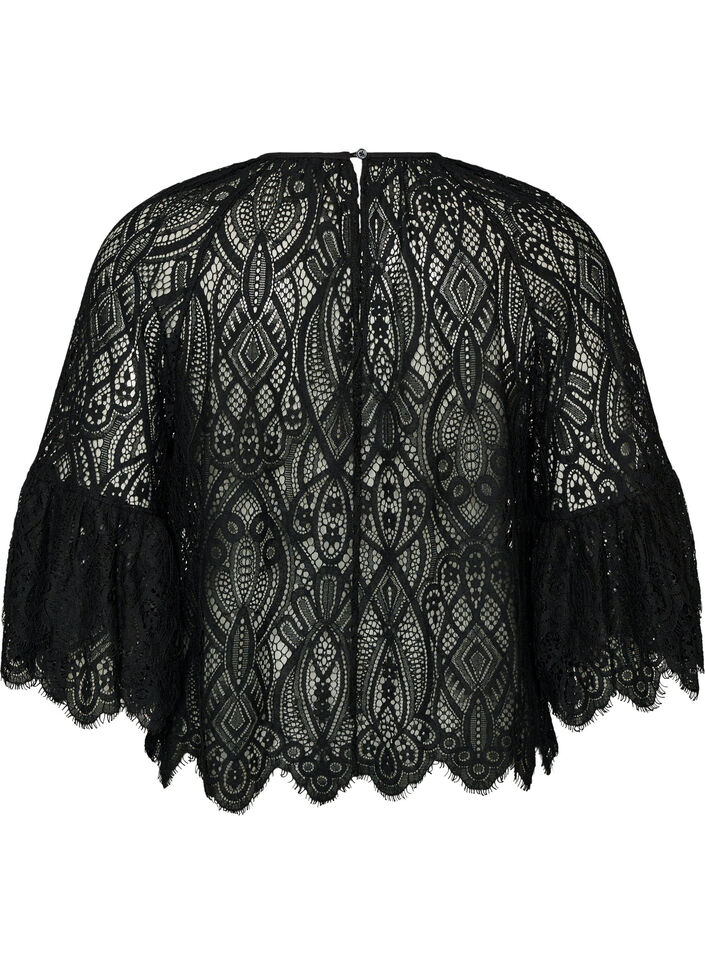 Kanten blouse met lange trompetmouwen en ruches, Zwart, Packshot image number 1