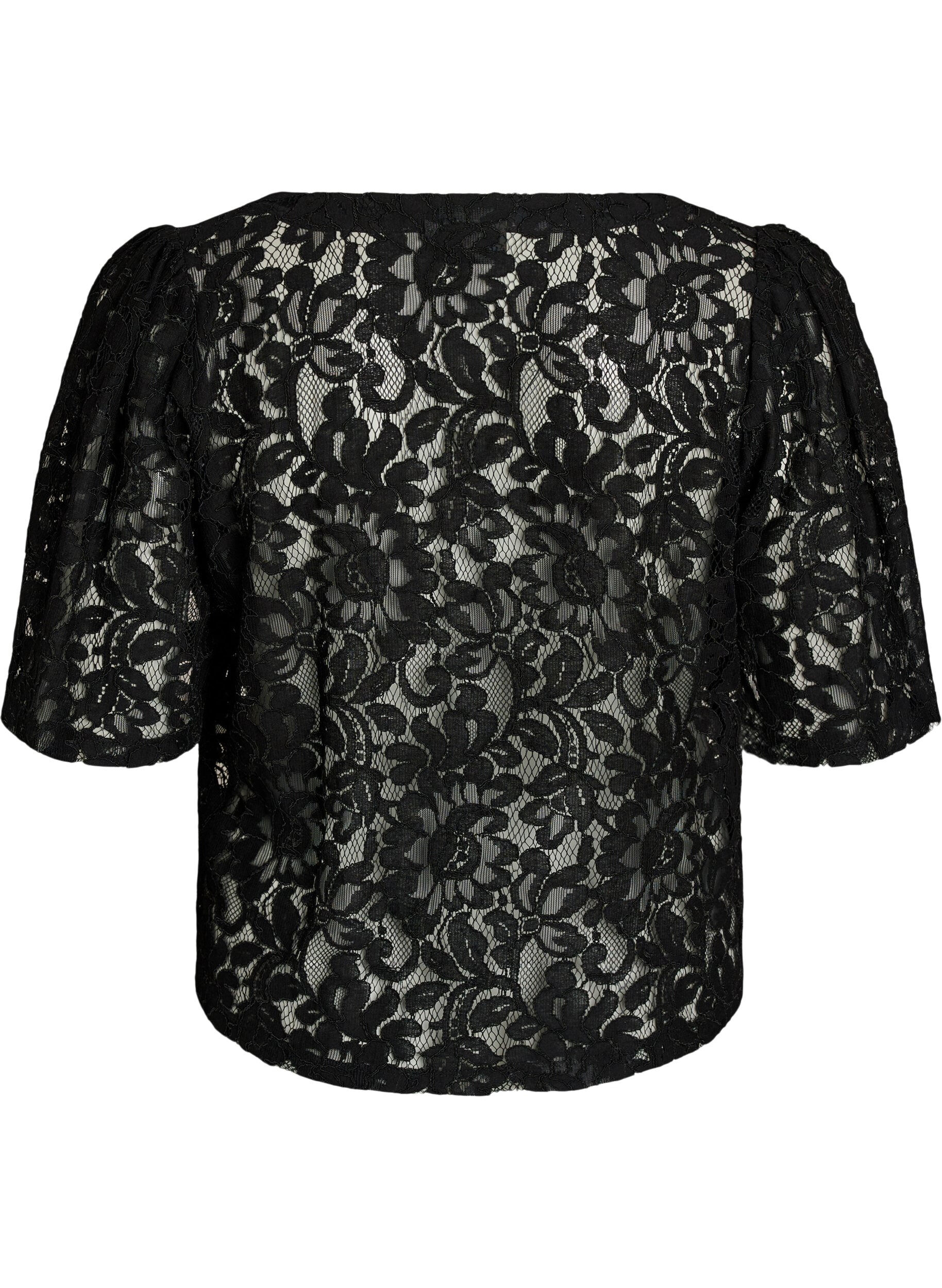 Zizzi Kanten blouse met korte mouwen en V-hals, Zwart, Packshot image number 1