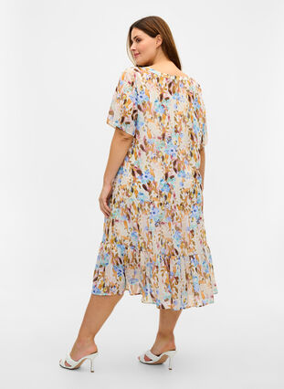 Gebloemde midi-jurk met korte mouwen, Humus Flower AOP, Model image number 0