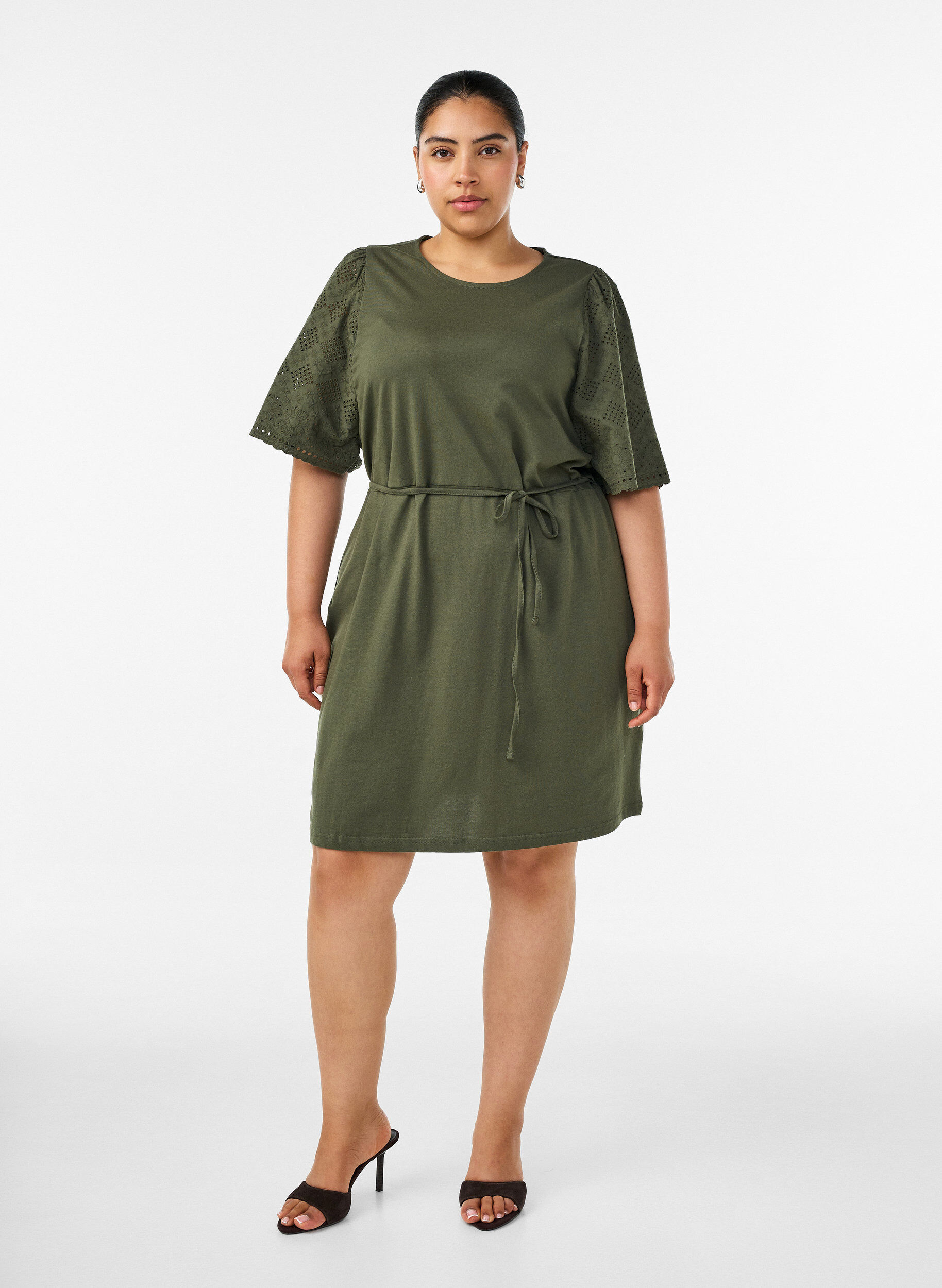 ZizziKatoenen jurk met broderie anglaise mouwen en een strik in de taille, Groen, Model image number 1