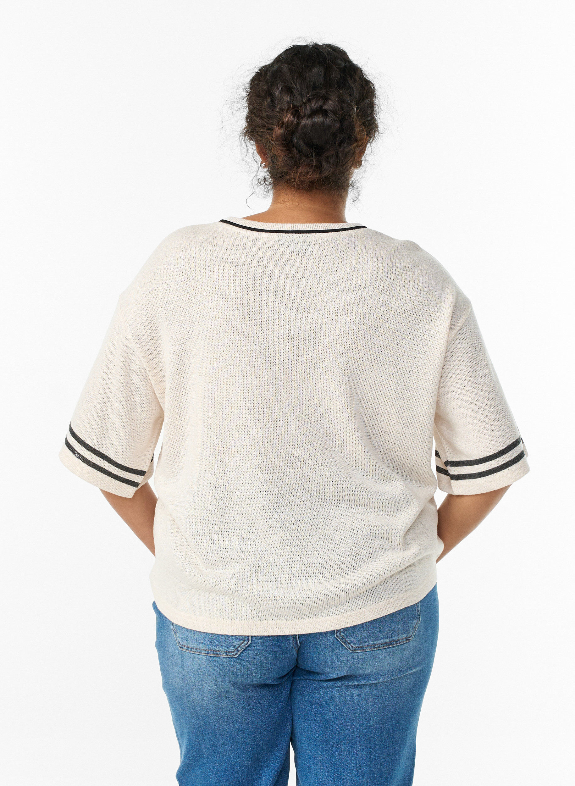 Zizzi Blouse met korte mouwen met contrasterende strepen, Beige, Model image number 2