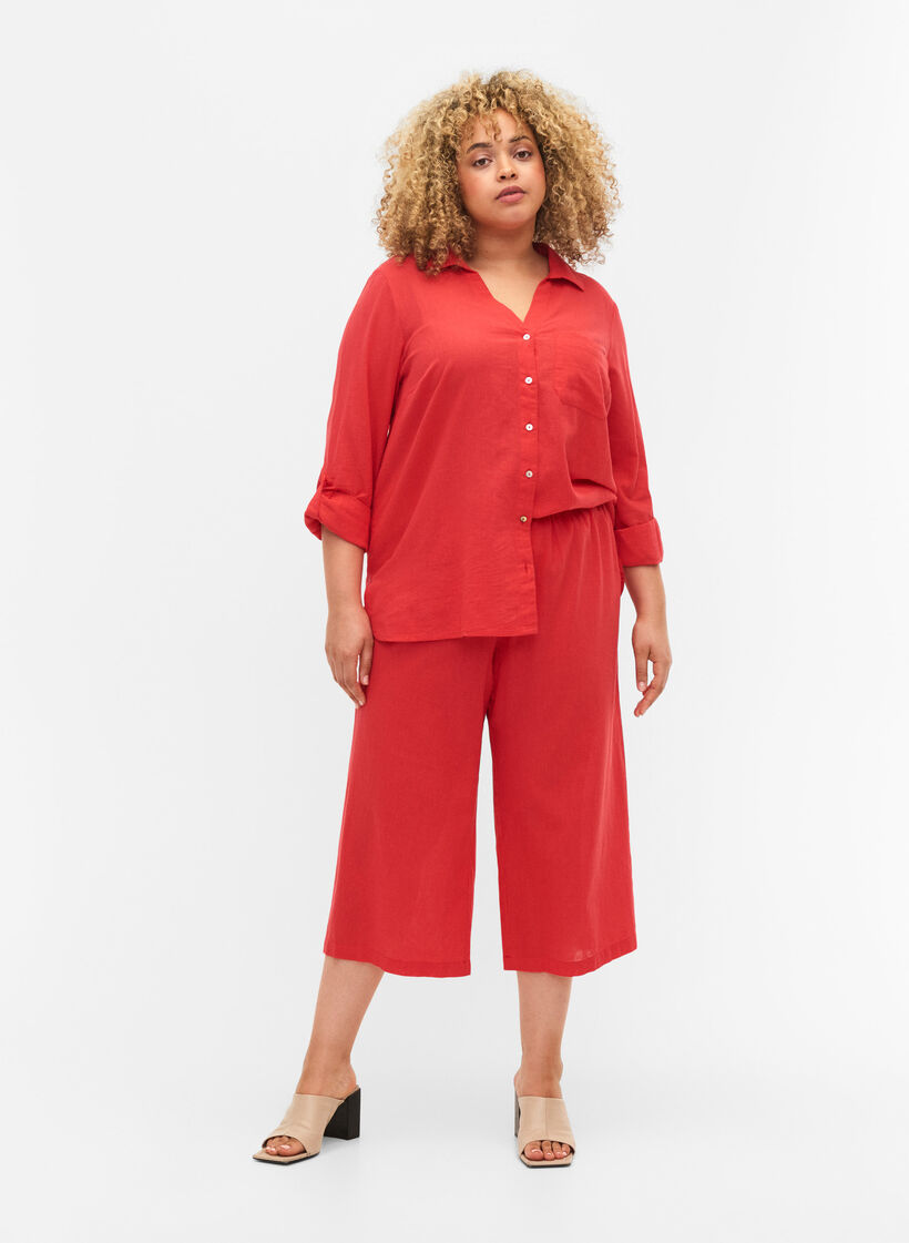 Shirtblouse met knoopsluiting van katoen-linnenmix, Hibiscus, Model image number 2