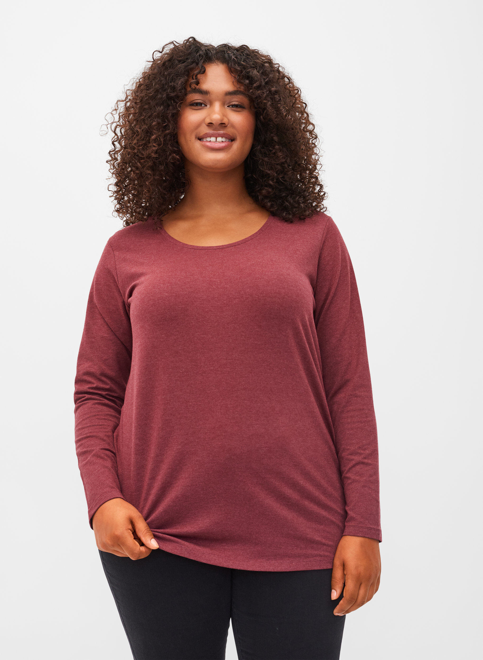 Zizzi Basic top met lange mouwen, Cabernet Melange, Model image number 0