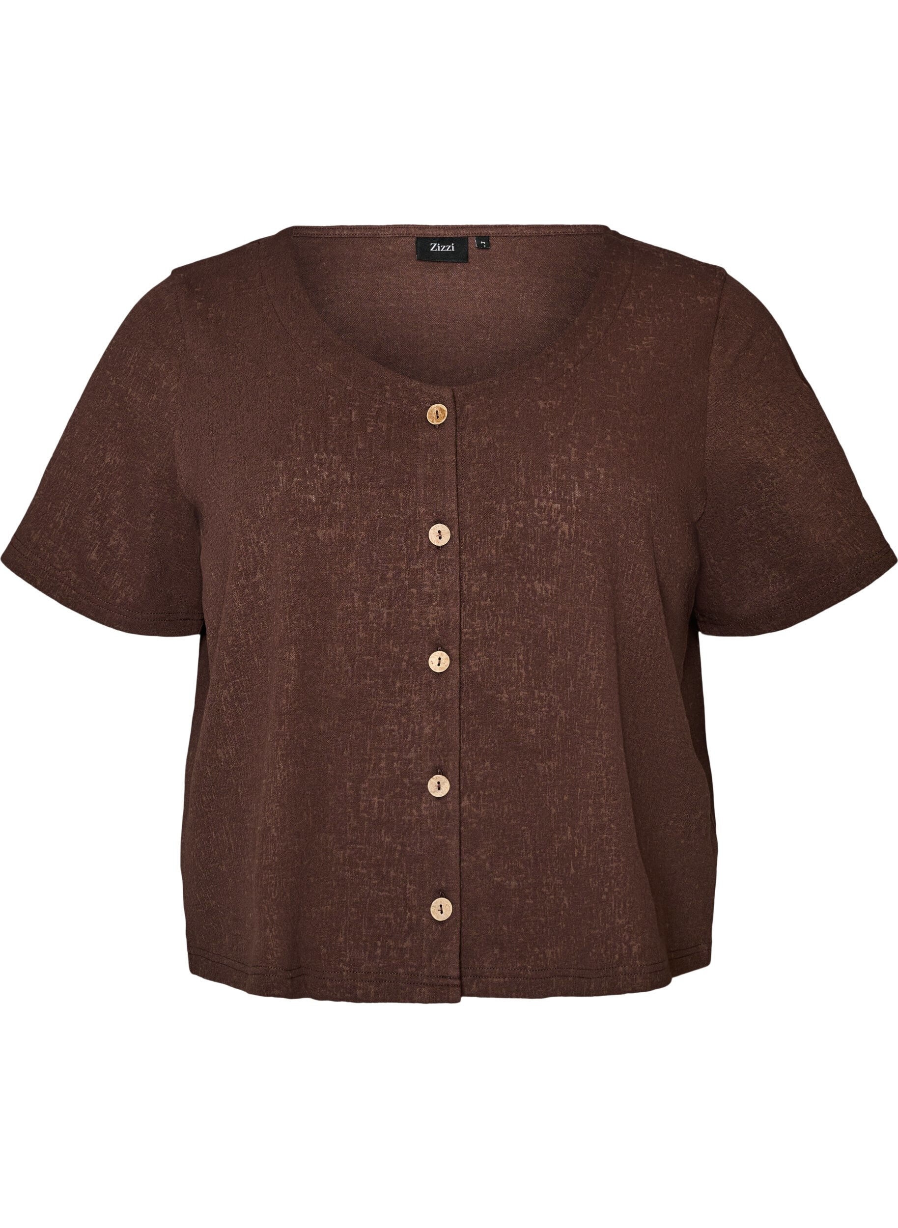 ZizziKatoenen blouse met structuur en knoopsluiting, Bruin, Packshot image number 0