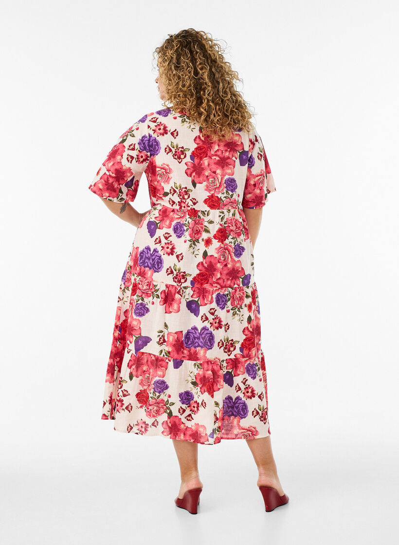 Katoenen midi jurk met bloemenprint, Rood, Model image number 1
