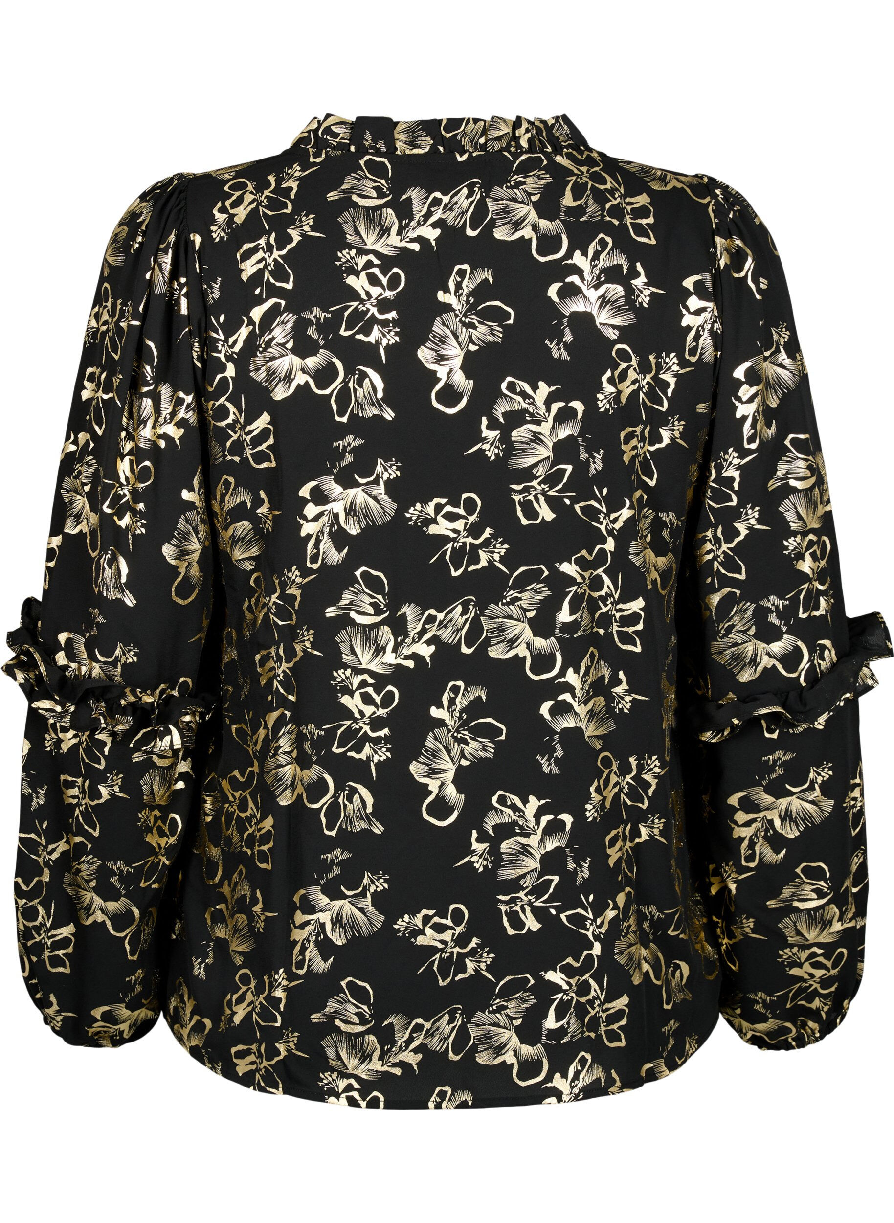 Zizzi Blouse met lange mouwen, ruches en folieprint, Black Foil AOP, Packshot image number 1