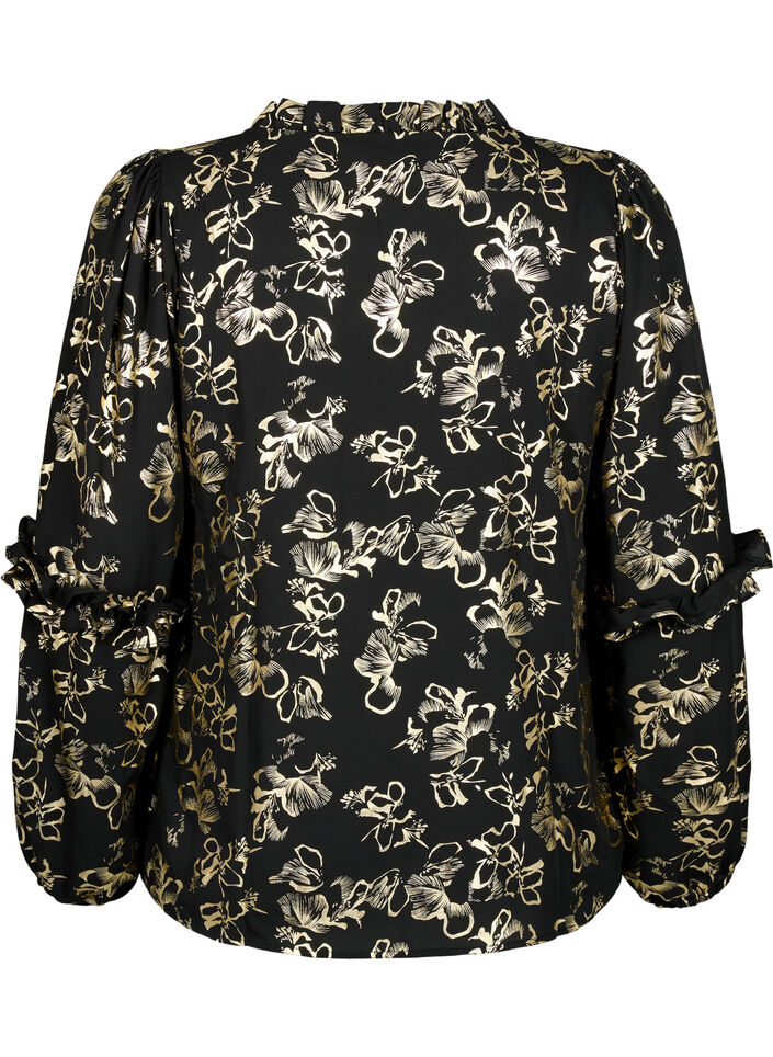 Blouse met lange mouwen, ruches en folieprint, Black Foil AOP, Packshot image number 1