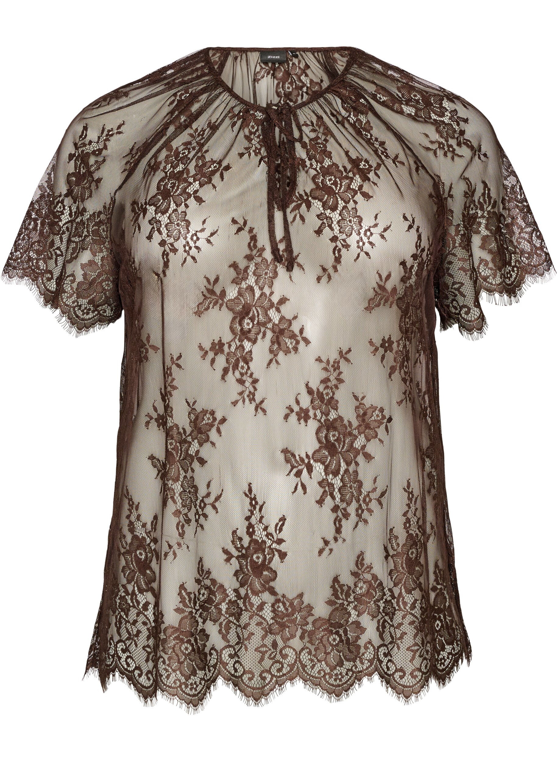 Korte mouwen kanten blouse met striksluiting