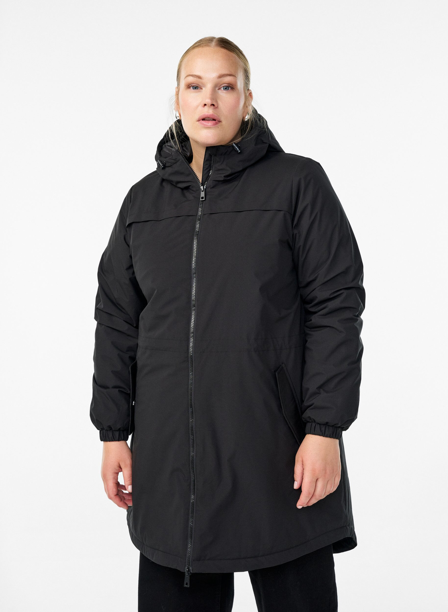 Lichtgewicht gewatteerde parka met een capuchon, Zwart, Model