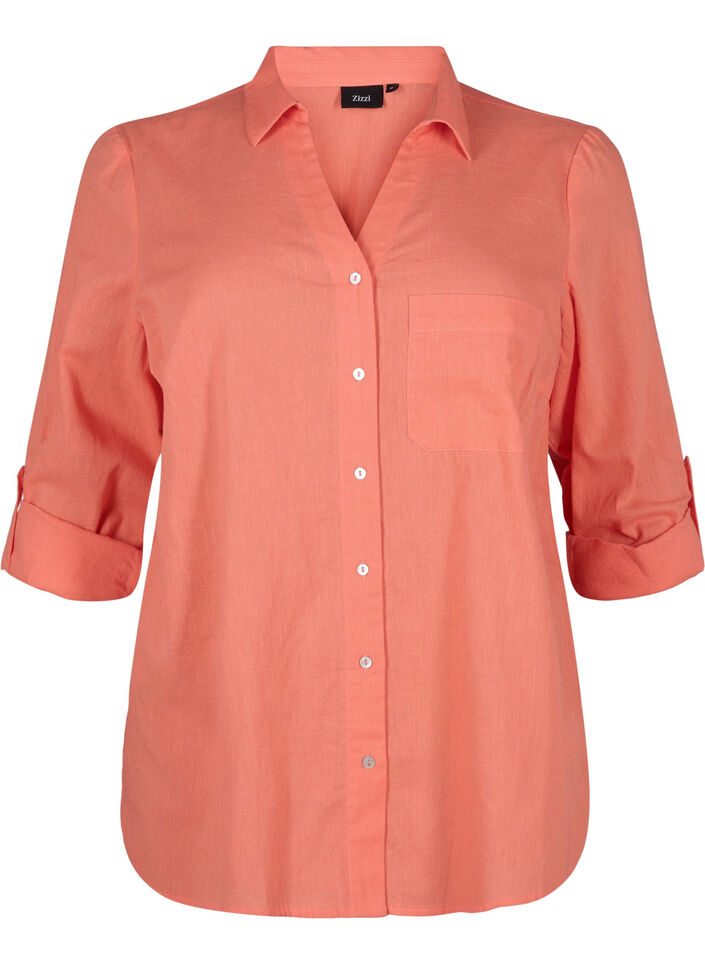 Shirt blouse met knoopsluiting van katoen-linnenmix, Living Coral, Packshot image number 0