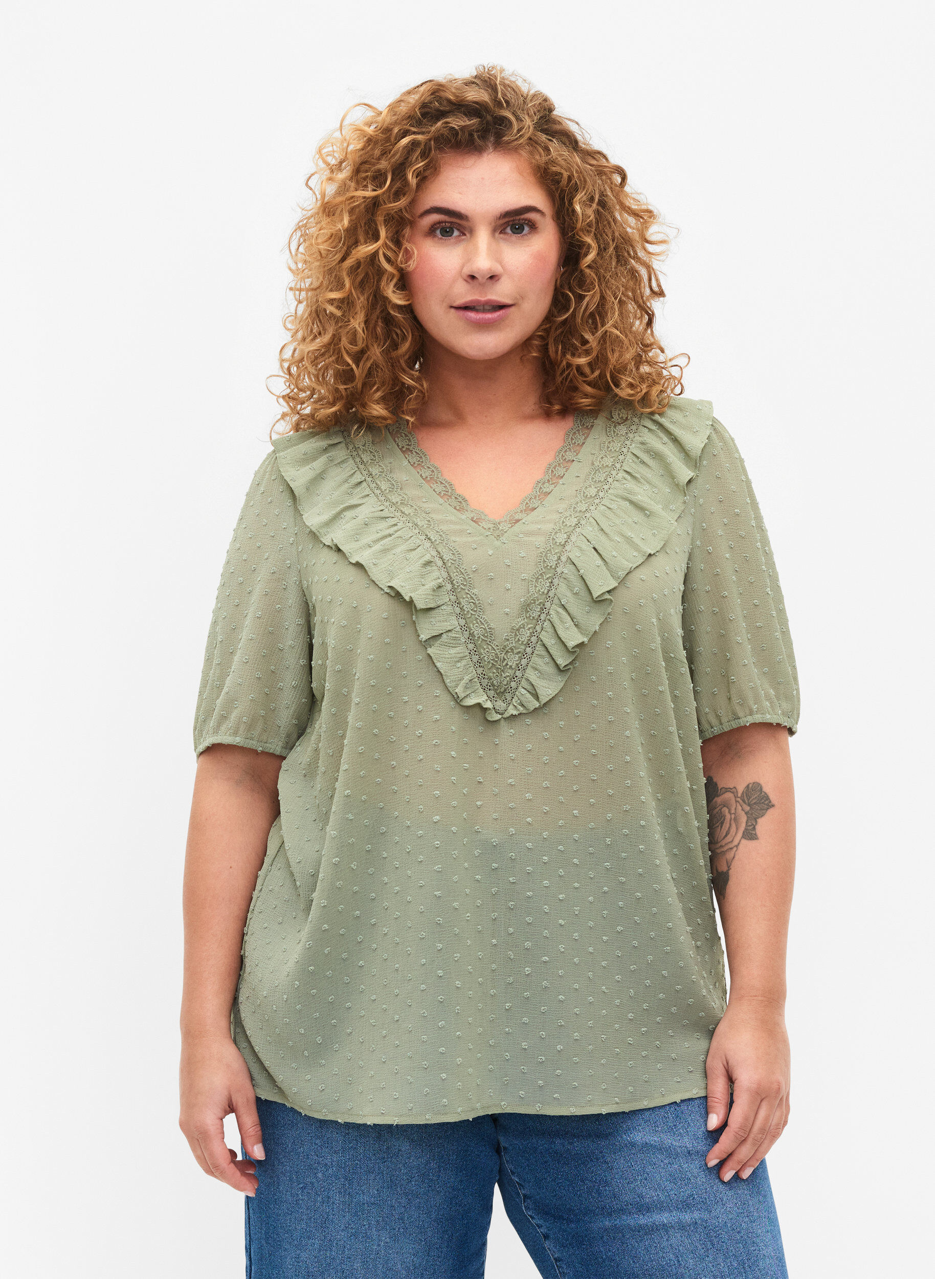 Zizzi Blouse met korte mouwen en gestippelde structuur, Seagrass , Model image number 0