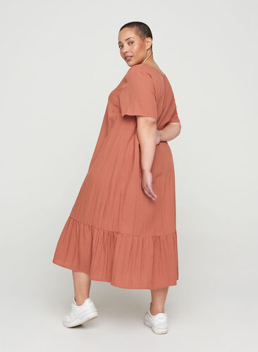 Viscose jurk met korte mouwen en v-hals, Copper Brown, Model image number 1