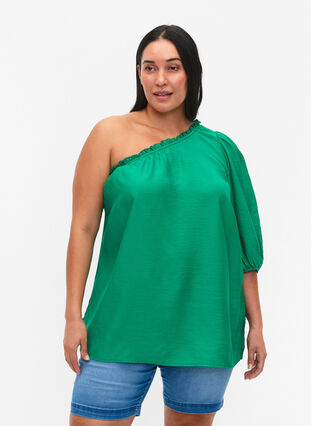 One-shoulder blouse in viscose, Deep Mint, Model image number 0
