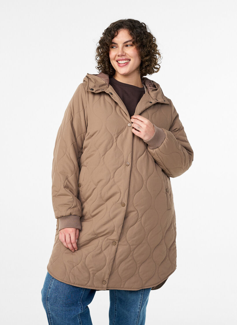 Halflange gewatteerde jas met een capuchon, Bruin, Model image number 0