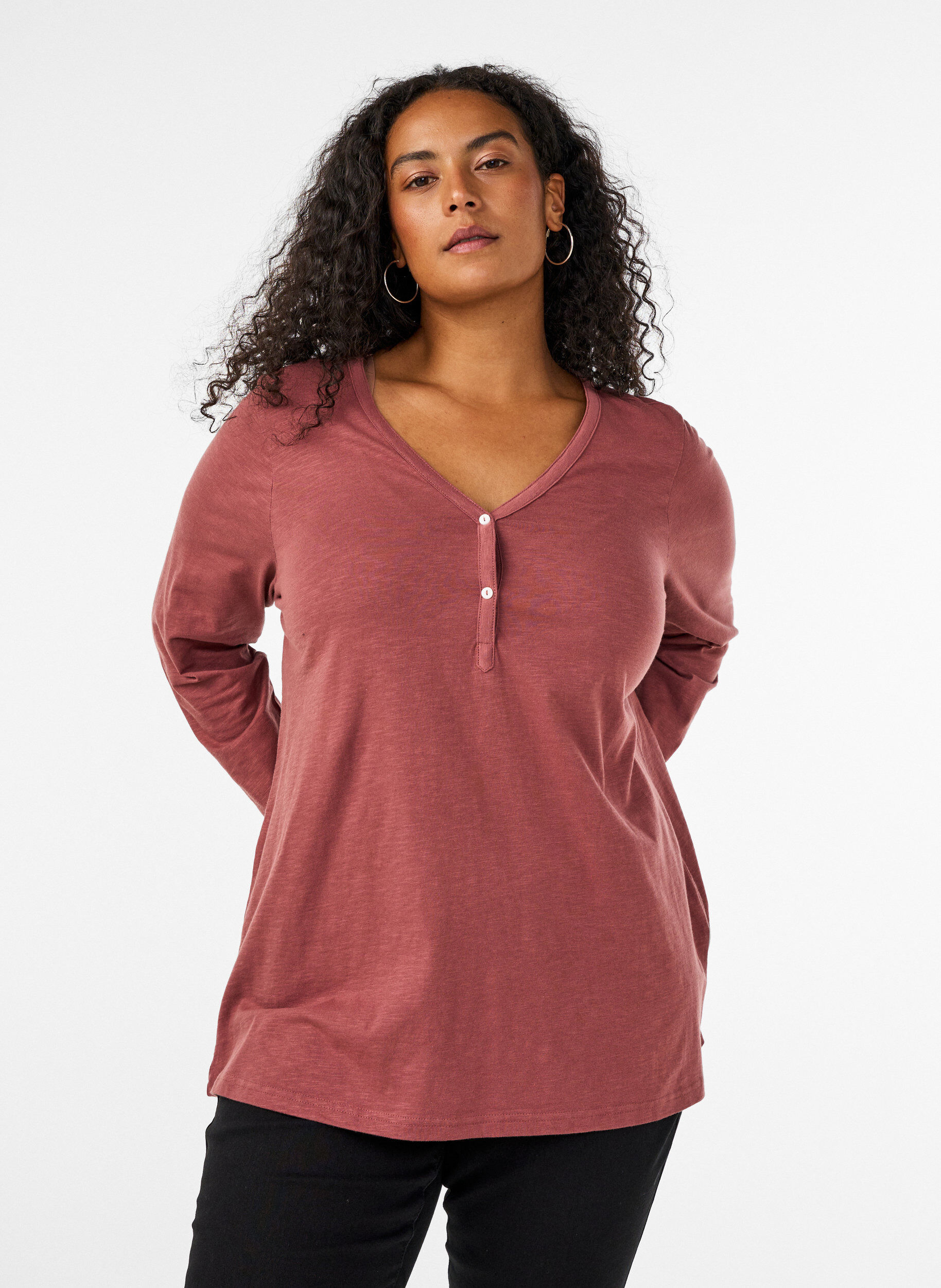 ZizziT-shirt met lange mouwen, V-hals en knopen, Bruin, Model image number 0