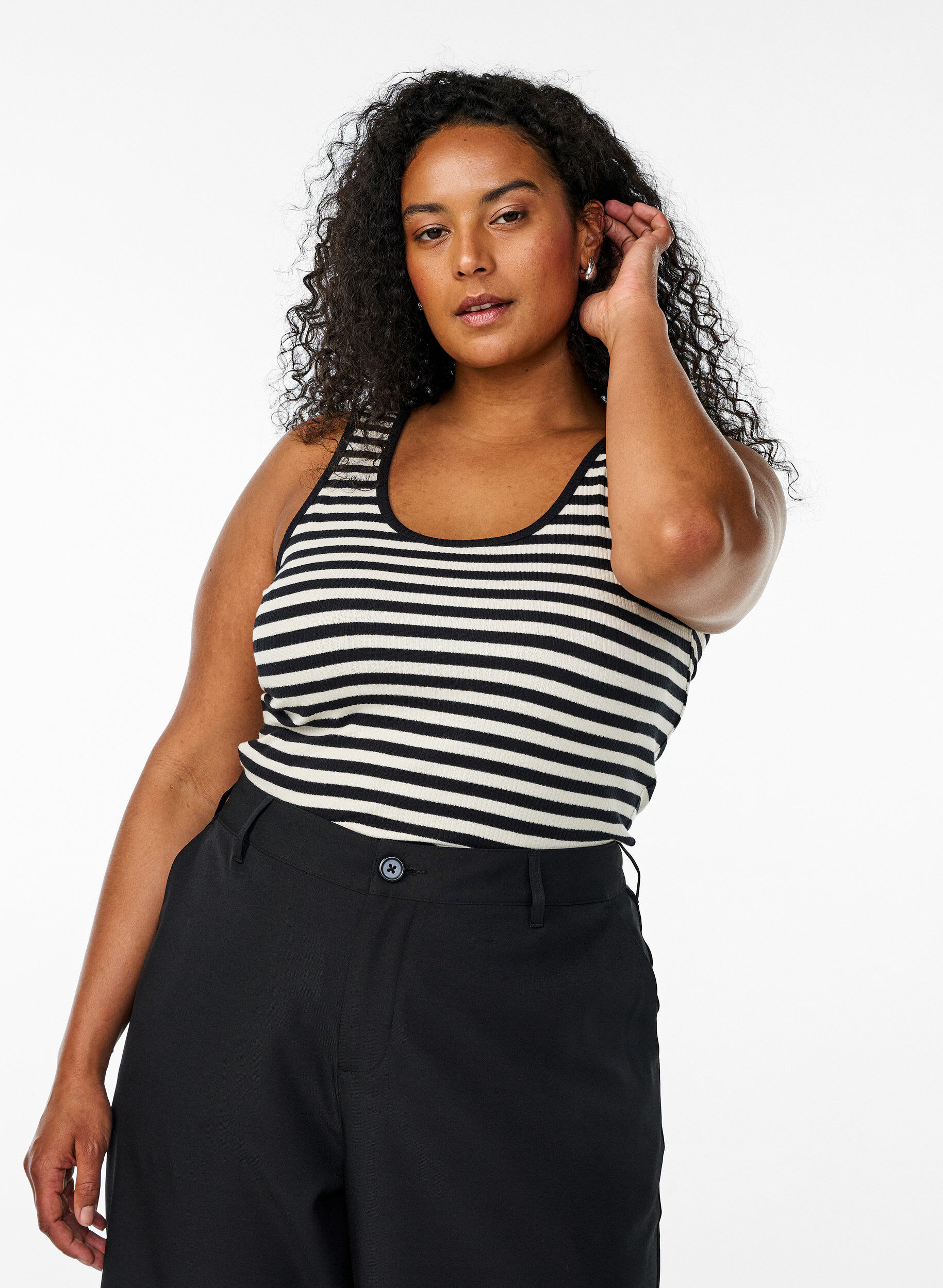 Zizzi Gestreepte tanktop met een ribstructuur, Zwart, Model image number 0