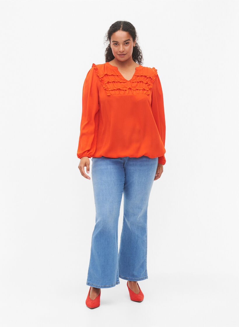 Blouse met franjes en lange mouw, Orange.com, Model image number 3