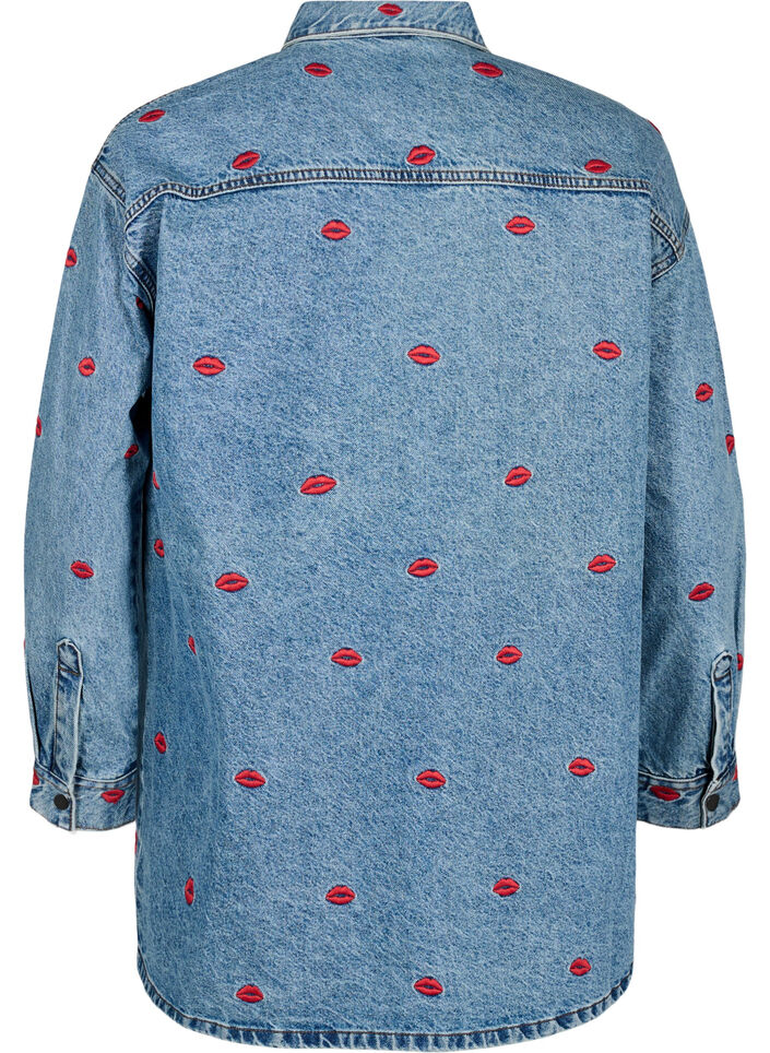 Losse denim shirt met geborduurde lippen, Light Blue Kiss, Packshot image number 1