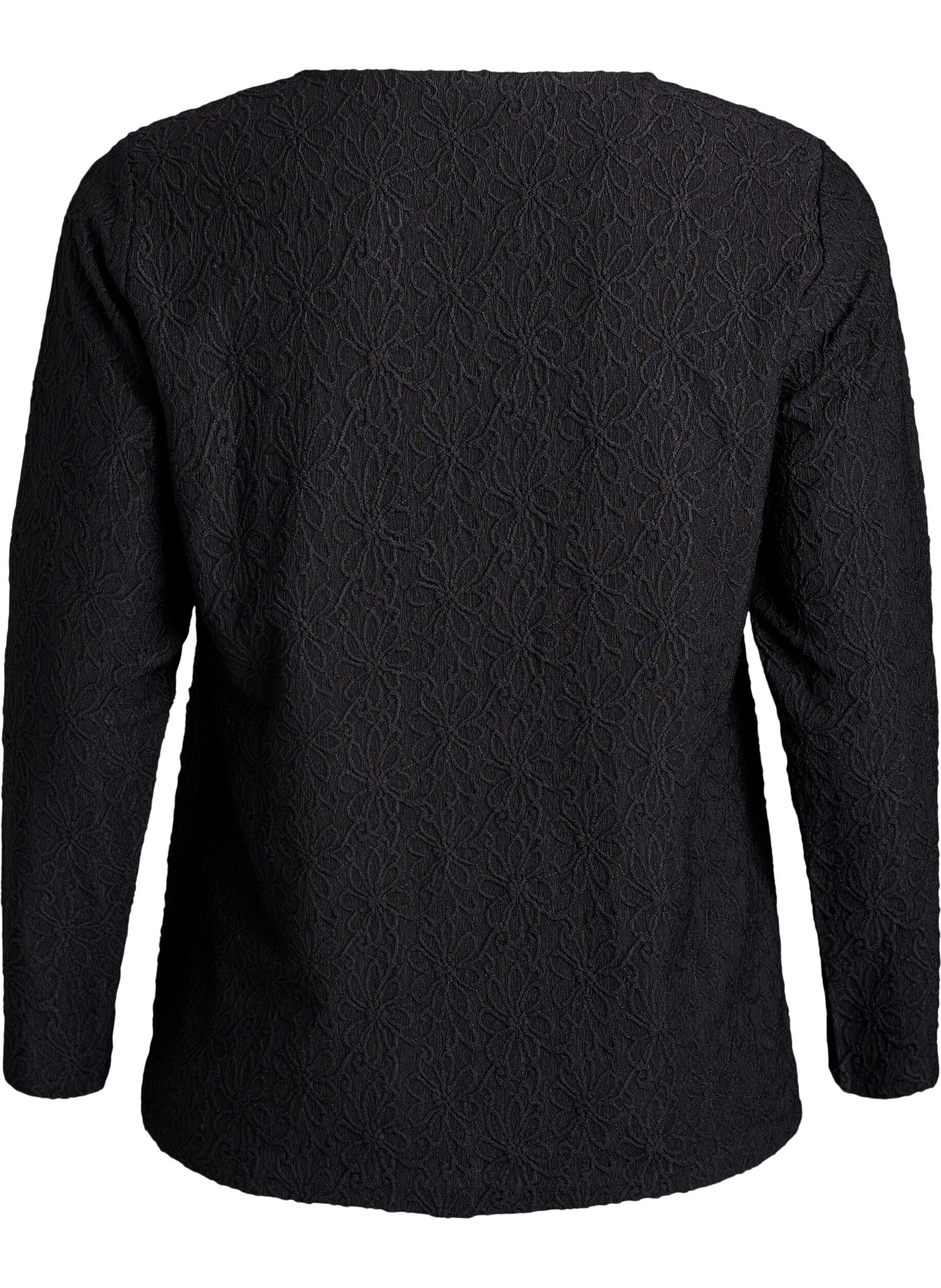 Zizzi Blouse met lange mouwen en bloemenstructuur, Zwart, Packshot image number 1
