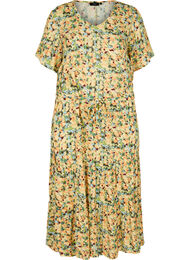 Midi-jurk met korte mouwen in viscose, Yellow Summer AOP